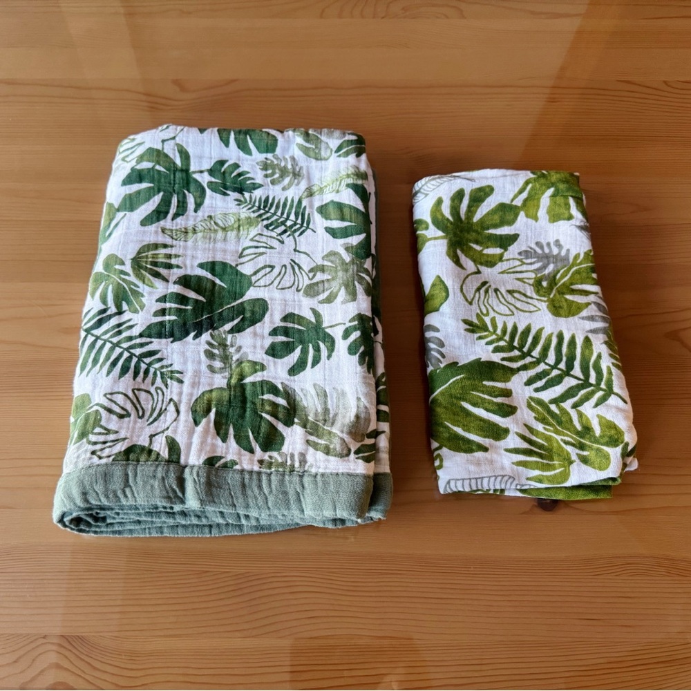 Little Unicorn Tropical Leaf Print Baby Blanket and Swaddle Set